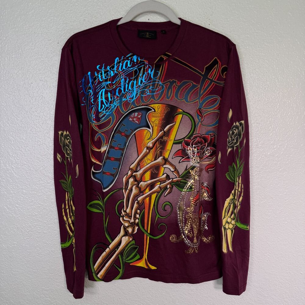 Christian Audigier Y2K Shirt Mens Small Celebrate Life Skull Rhinestone Purple